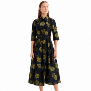 Dress Midi Floral Black Blue & Gold Collared Size XL NWOT